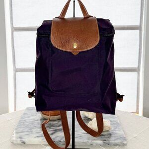 Longchamp Le Pliage Original Foldable Backpack - Purple Nylon & Brown Leather